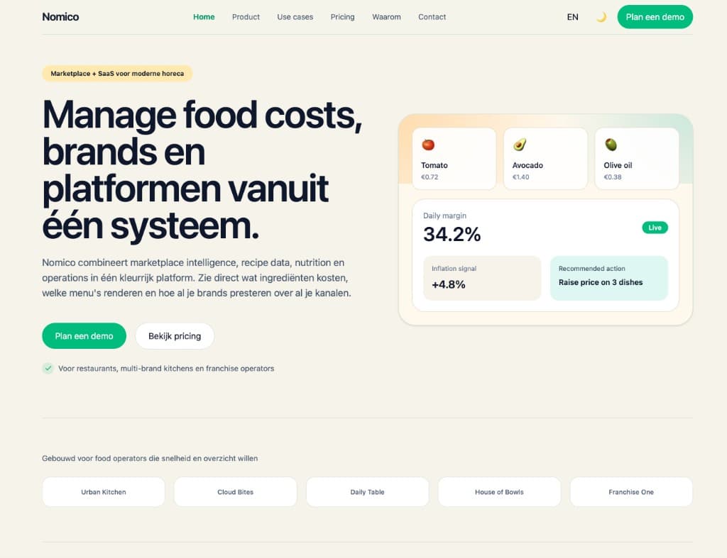 Nomico — landing page with hero, product dashboard mockup and partner logo strip